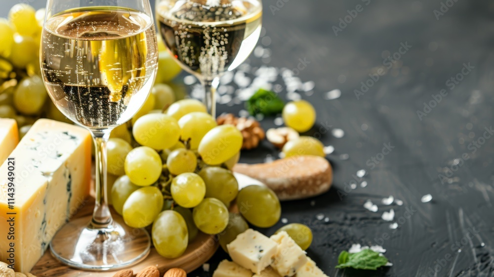 Sparkling white wine with grapes, cheese, and nuts on a dark rustic background. Sparkling white wine with grapes, cheese, and nuts on a dark rustic background.