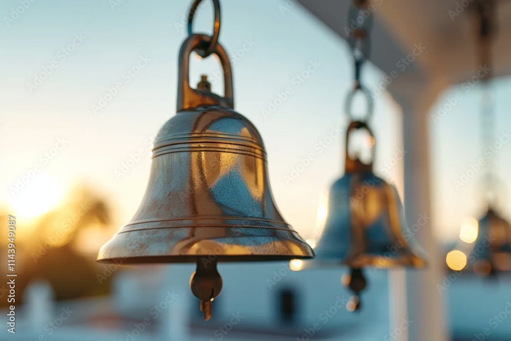 Close-up of a brass bell in warm sunlight, creating a serene, nostalgic atmosphere. Close-up of a brass bell in warm sunlight, creating a serene, nostalgic atmosphere.