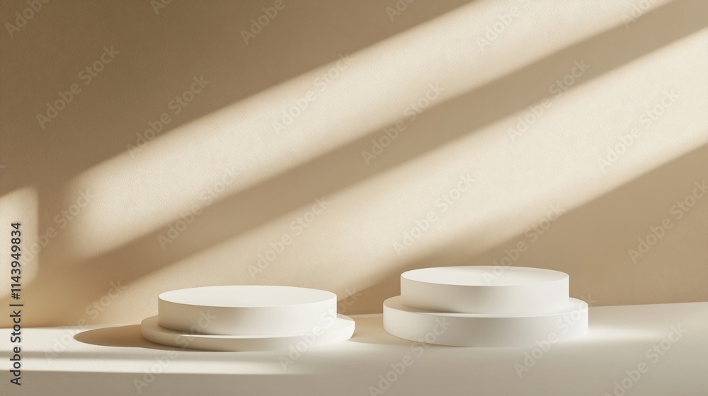 Minimalist white podiums with sunlight shadows on beige background. Minimalist white podiums with sunlight shadows on beige background.