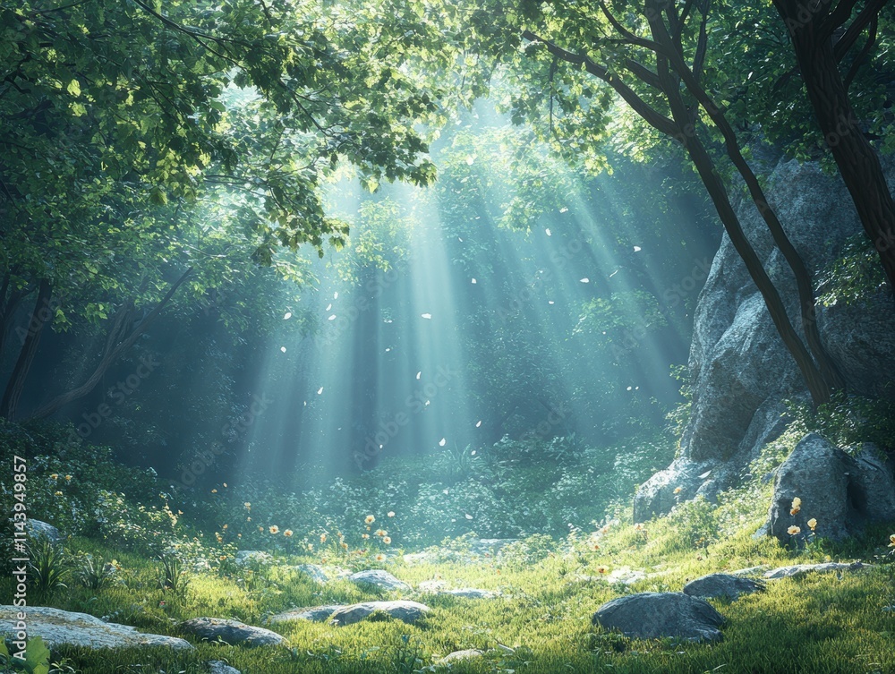 Obraz premium A forest glade with soft rays of light filtering through the trees, creating a peaceful and calming atmosphere.