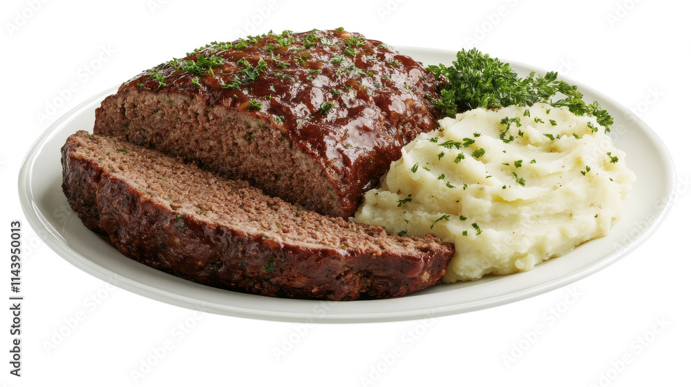 Deliciously served meatloaf with creamy mashed potatoes on a plate, perfect for family dinners, holiday gatherings, or food blogs to showcase comforting meals.. Deliciously served meatloaf with creamy mashed potatoes on a plate, perfect for family dinners, holiday gatherings, or food blogs to showcase comforting meals..