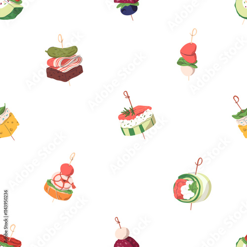 Canape, finger food, seamless pattern. Party and picnic snacks, starters on t...
