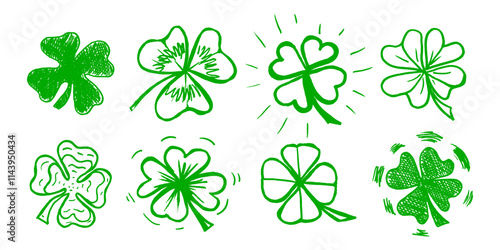 Lucky four, three clover shamrock leaf icon hand drawn style vector illustration set. Irish celtic St Patrick Day logo shamrock clover leaf symbol collection. Luck and happiness floral Irish ornament.