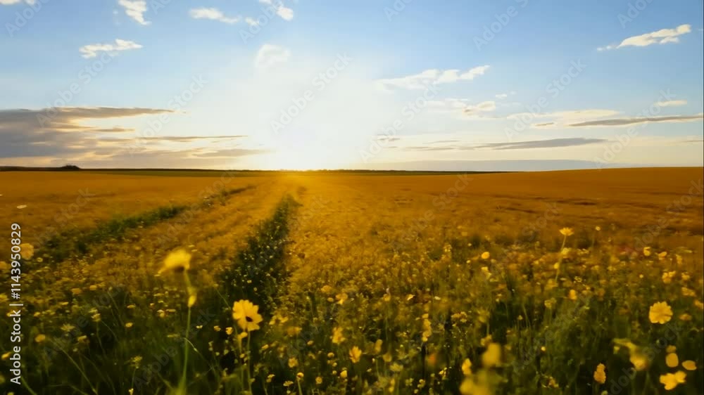 Expansive Fields of Sunlit Yellow Flowers Under a Clear Blue Sky with Soft White Clouds and Gentle Breeze, Capturing the Essence of Nature's Beauty in a Serene Landscape Expansive Fields of Sunlit Yellow Flowers Under a Clear Blue Sky with Soft White Clouds and Gentle Breeze, Capturing the Essence of Nature's Beauty in a Serene Landscape