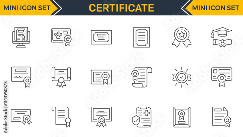 Set of outline icons related to certificate. Linear icon collection. Editable stroke. Vector illustration