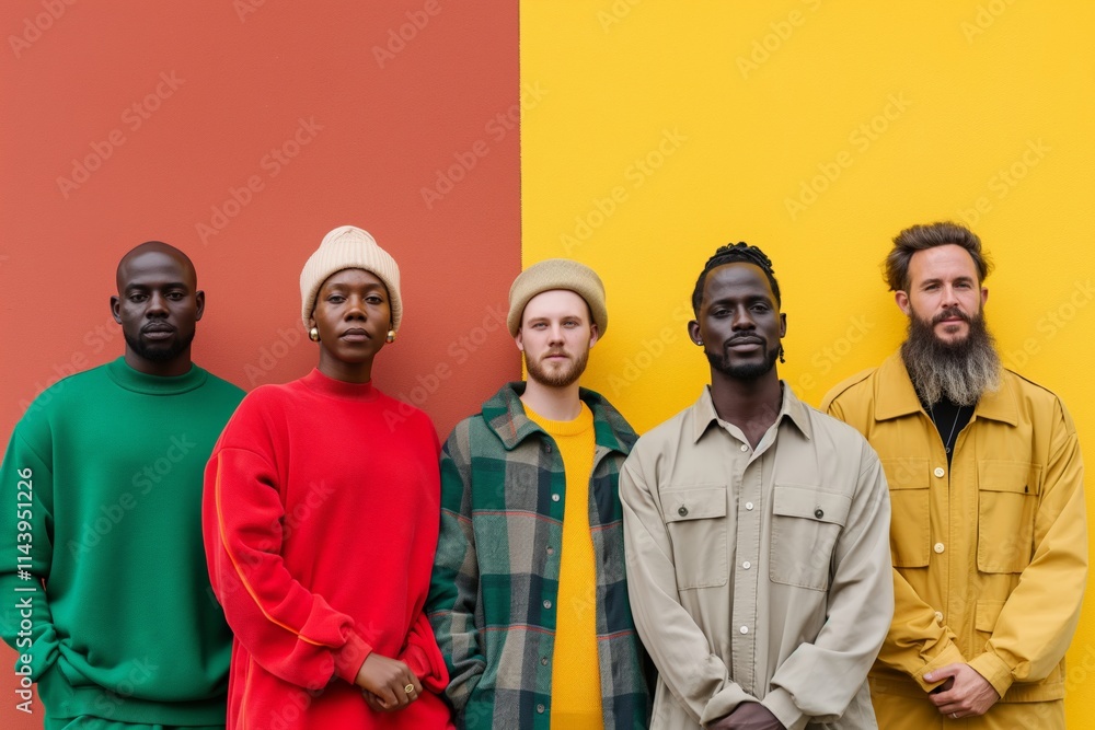 Three individuals posing confidently against a colorful wall, representing strength, diversity, and solidarity. Three individuals posing confidently against a colorful wall, representing strength, diversity, and solidarity.