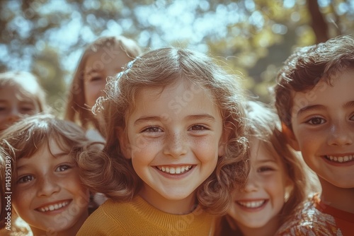 A group of children and parents smiling at a family reunion in a park, surrounded by trees.