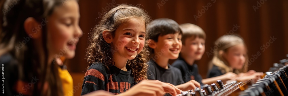 A group of children playing instruments in a music class, all smiling and enjoying the moment of learning together. A group of children playing instruments in a music class, all smiling and enjoying the moment of learning together.