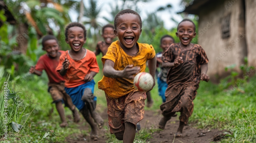 A group of children playing with a ball in the yard, laughing and chasing after it. A group of children playing with a ball in the yard, laughing and chasing after it.