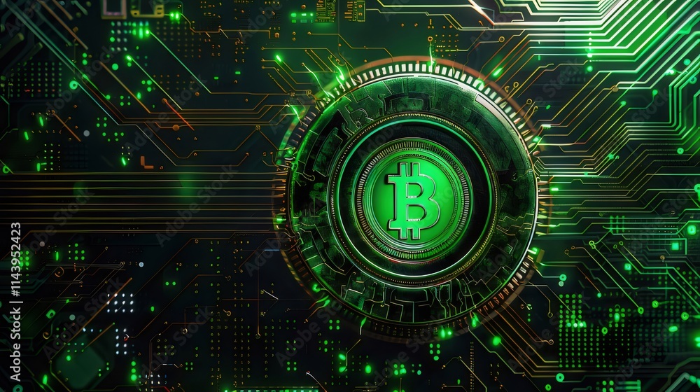 Glowing Bitcoin symbol on circuit board. Glowing Bitcoin symbol on circuit board.