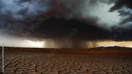 bad weather,   A stormy desert landscape at twilight, where the sky is filled with dramatic, swirling clouds and heavy rain, contrasting with the dry earth below.
