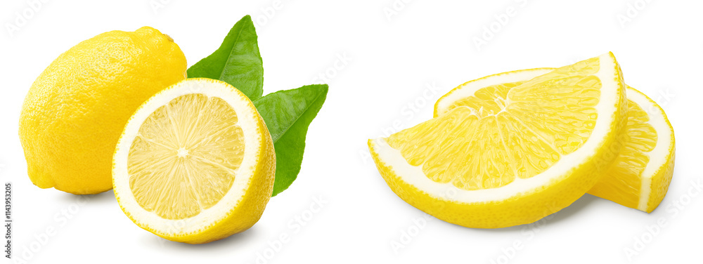 lemon with slice and green leaves isolated on white background. clipping path lemon with slice and green leaves isolated on white background. clipping path