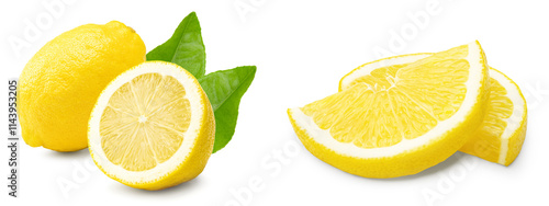 lemon with slice and green leaves isolated on white background. clipping path