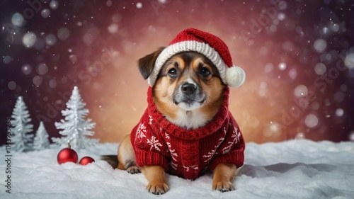 Cute dog in winter clothes and with Christmas decor on color background with space for text