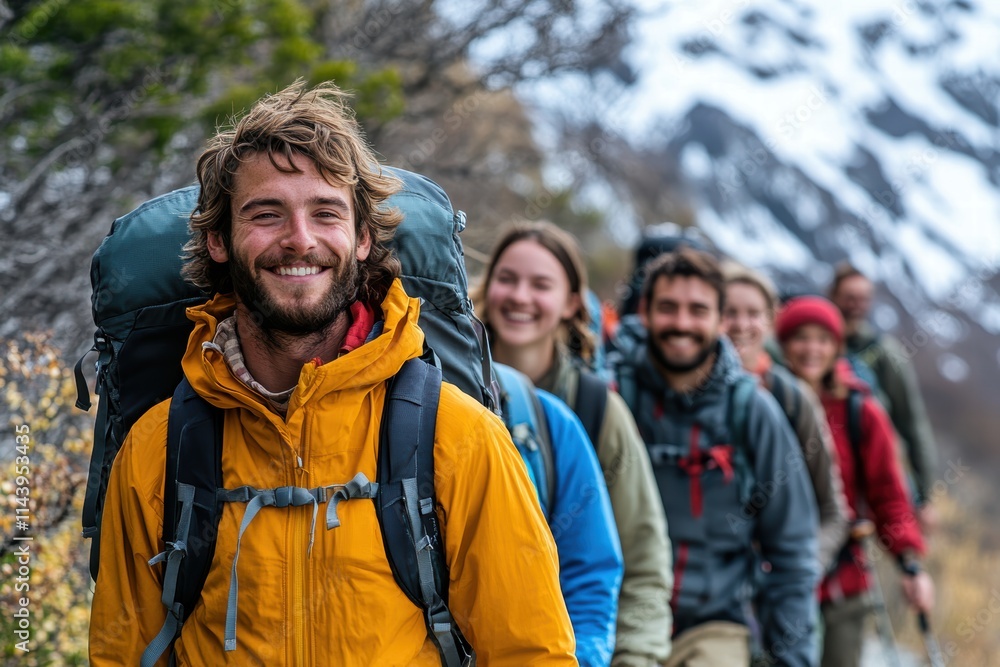 A group of friends hiking on a mountain trail, smiling and enjoying the stunning view. A group of friends hiking on a mountain trail, smiling and enjoying the stunning view.