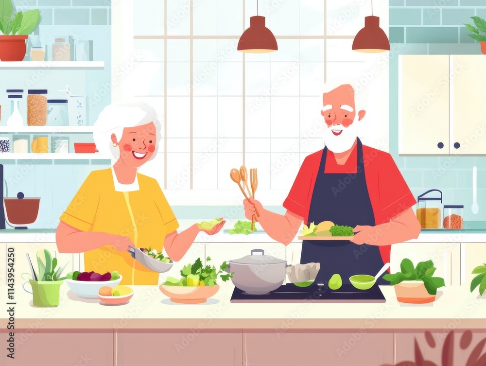 Cheerful elderly couple cooking in a bright kitchen, promoting healthy eating and geriatric nutrition Cheerful elderly couple cooking in a bright kitchen, promoting healthy eating and geriatric nutrition