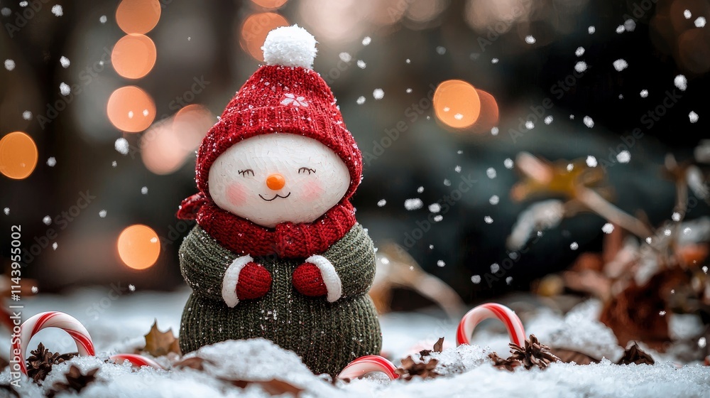 Adorable Knitted Snowman in Winter Wonderland with Candy Canes Adorable Knitted Snowman in Winter Wonderland with Candy Canes