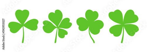 Lucky four, three clover shamrock leaf icon flat style silhouette vector illustration set. Irish celtic St Patrick Day logo shamrock clover leaf symbol collection. Luck and happiness Irish ornament.