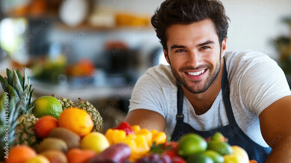 A man smiling while preparing a smoothie with fresh fruit, showing a commitment to healthy eating habits. A man smiling while preparing a smoothie with fresh fruit, showing a commitment to healthy eating habits.