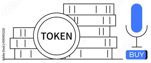 Stacked cryptocurrency tokens labeled TOKEN, next to a blue microphone icon and BUY button. Ideal for finance, technology, investment, online trading, e-commerce, digital payments, crypto education