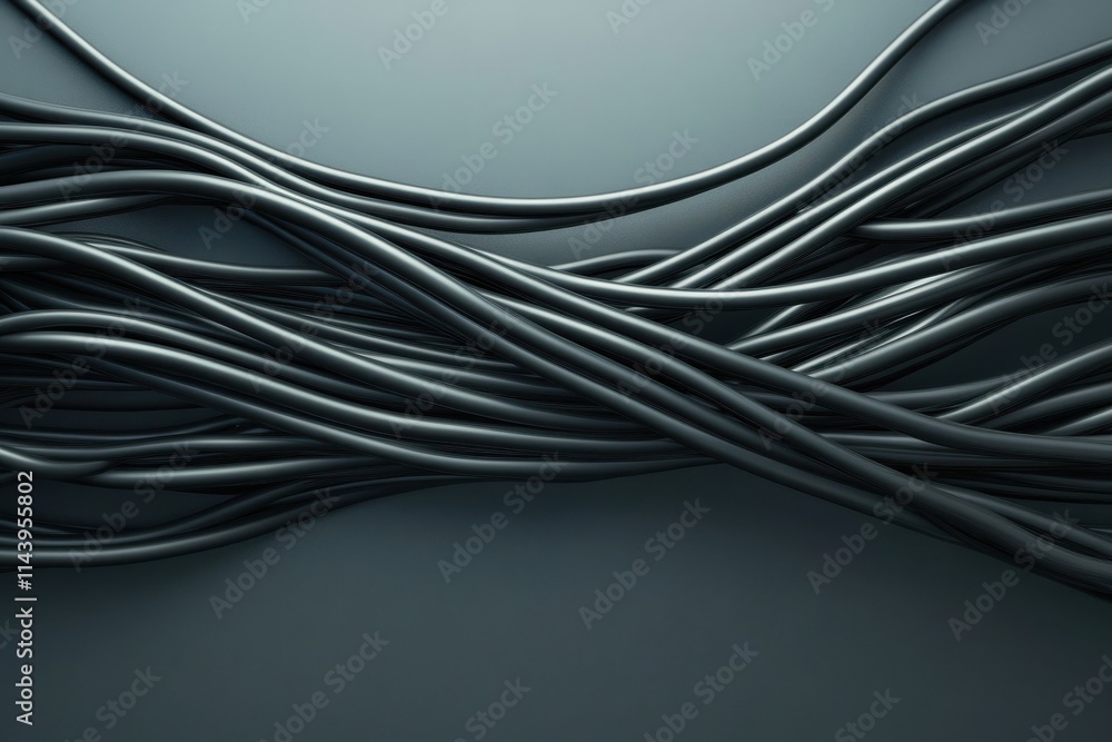 Obraz premium Abstract close-up of intertwined cables in a dark setting, showcasing the texture, shape, and form of flexible wires creating a tangled visual pattern.