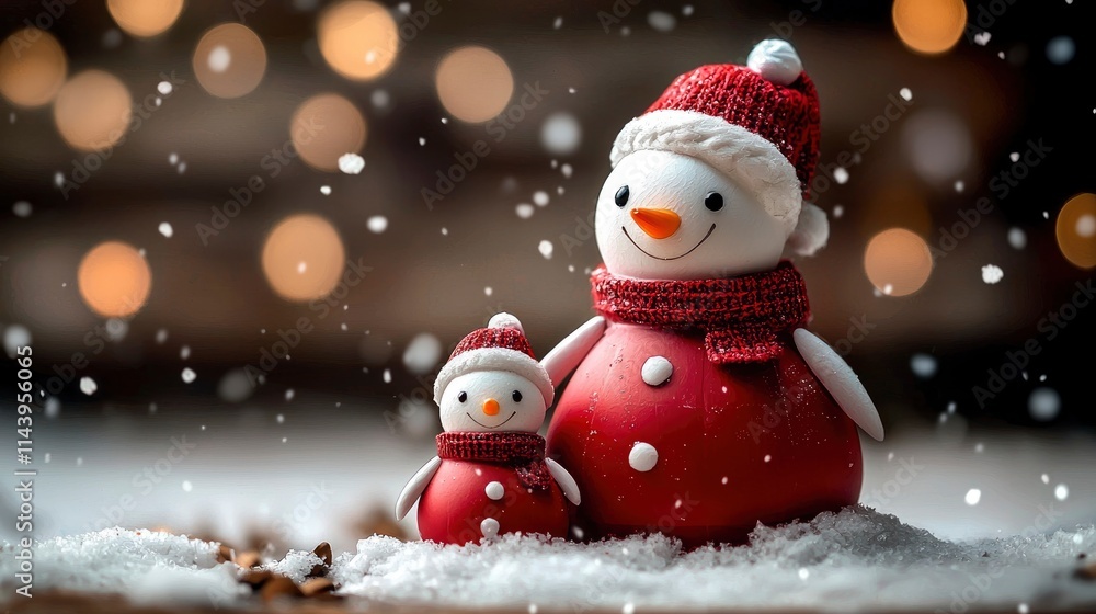 Adorable Snowman Family in Winter Wonderland with Falling Snow and Bokeh Lights Adorable Snowman Family in Winter Wonderland with Falling Snow and Bokeh Lights