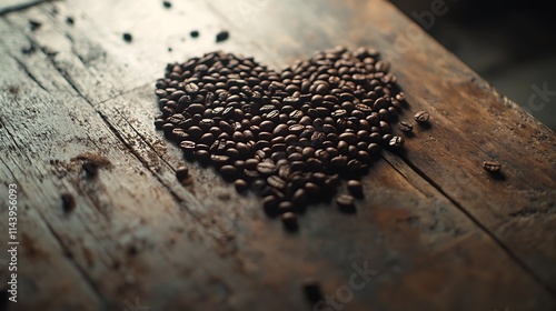 Coffee beans arranged in a heart shape on a rustic wooden table.
