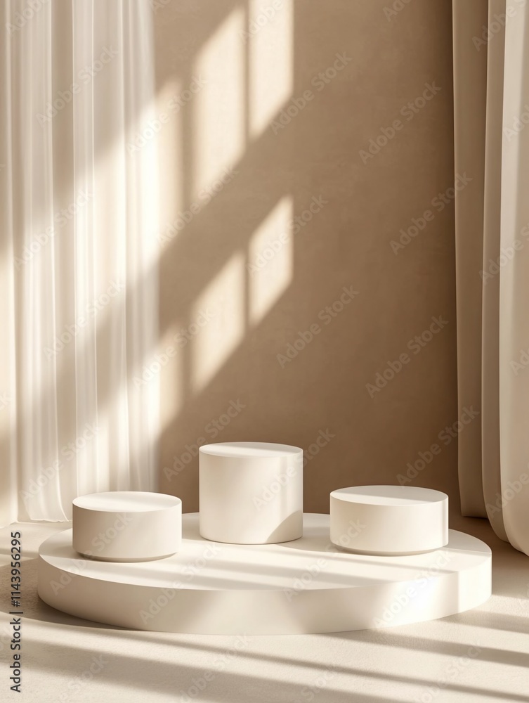 Minimalist beige platform with three white cylindrical displays, sunlit. Minimalist beige platform with three white cylindrical displays, sunlit.
