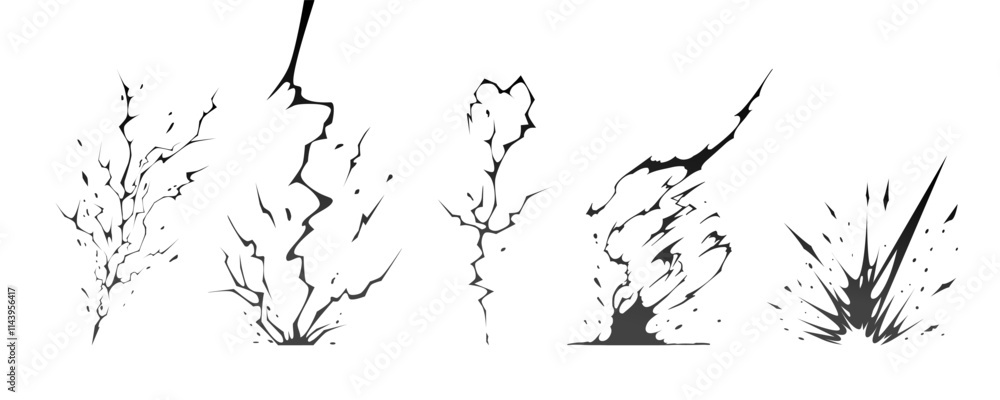 Obraz premium Lightning strike bolt silhouettes sequence vector illustration. Black thunderbolts and zippers are natural phenomena isolated on a dark background. Thunderstorm electric effect of light shining flash.