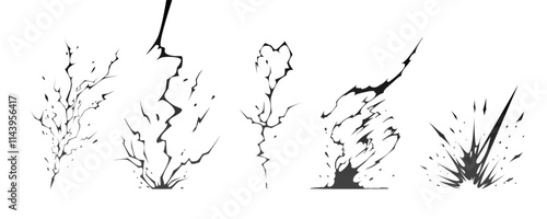 Lightning strike bolt silhouettes sequence vector illustration. Black thunderbolts and zippers are natural phenomena isolated on a dark background. Thunderstorm electric effect of light shining flash.