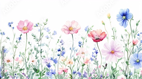 A vibrant display of wildflowers in shades of pink, blue, and purple, showcasing nature's beauty in a delicate watercolor style.