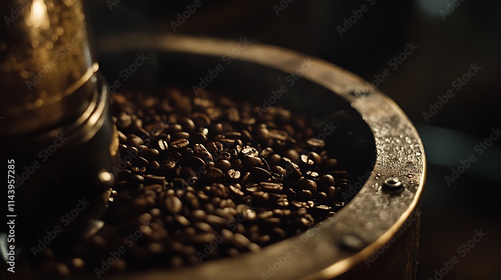 Roasted coffee beans cooling in a roaster. Roasted coffee beans cooling in a roaster.