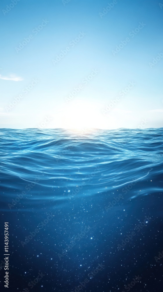 Fototapeta premium Serene Ocean Waves Under a Bright Blue Sky at Sunrise, Capturing Tranquility and Natural Beauty of the Open Sea with Gentle Swells and Sparkling Water Surface