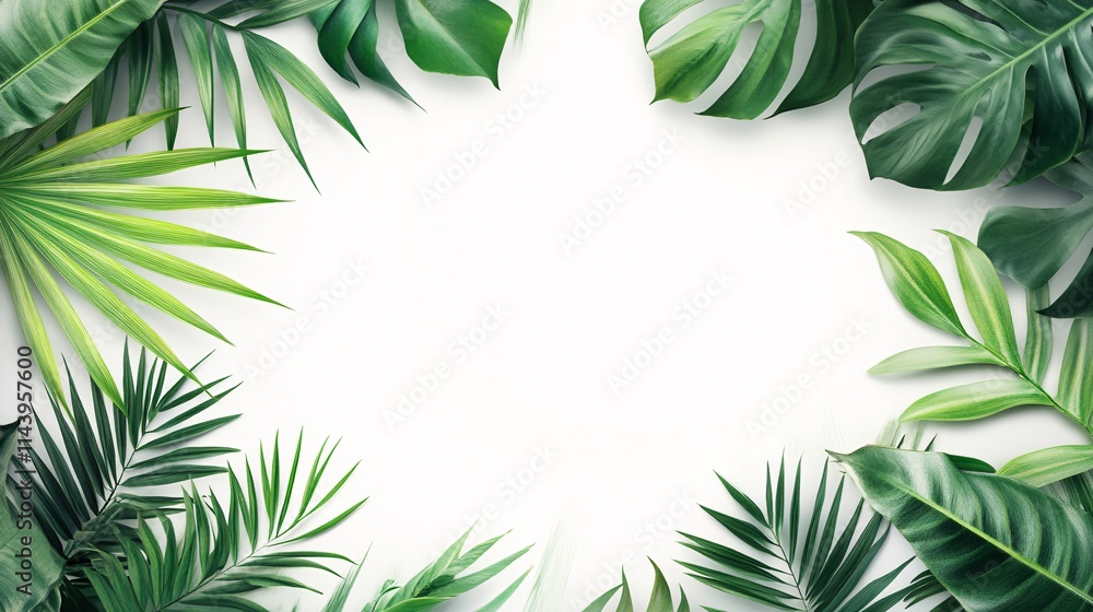 A vibrant arrangement of lush green tropical leaves framing a blank space, ideal for creative designs or invitations. A vibrant arrangement of lush green tropical leaves framing a blank space, ideal for creative designs or invitations.