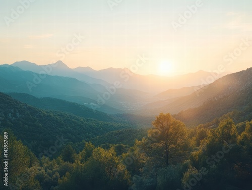 A peaceful mountain view at sunset, with soft light creating a calm, serene atmosphere.