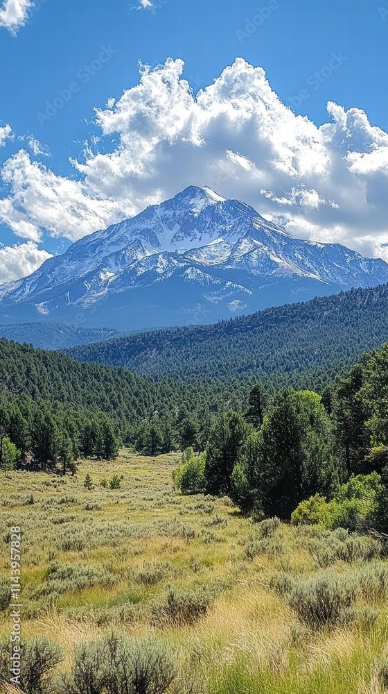 Fototapeta premium A peaceful mountain view with snow-capped peaks, soft clouds floating across the sky, and the quiet serenity of the natural landscape.