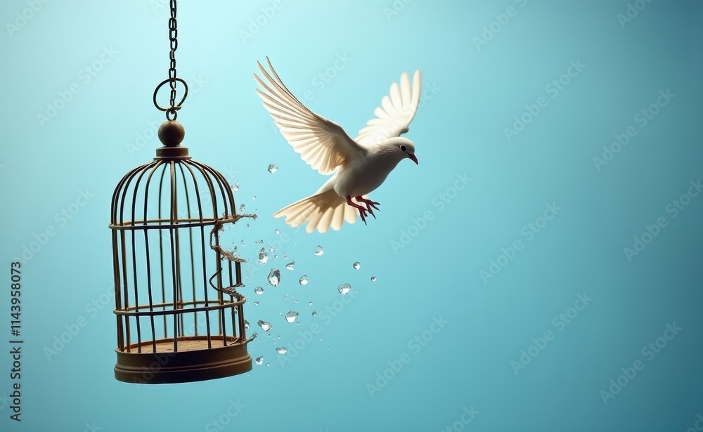 A white dove takes flight from a broken birdcage, symbolizing freedom and liberation.