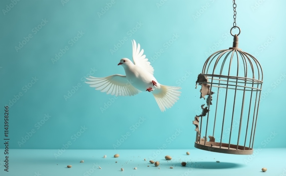 Fototapeta premium A white dove takes flight from a broken birdcage, symbolizing freedom and liberation.