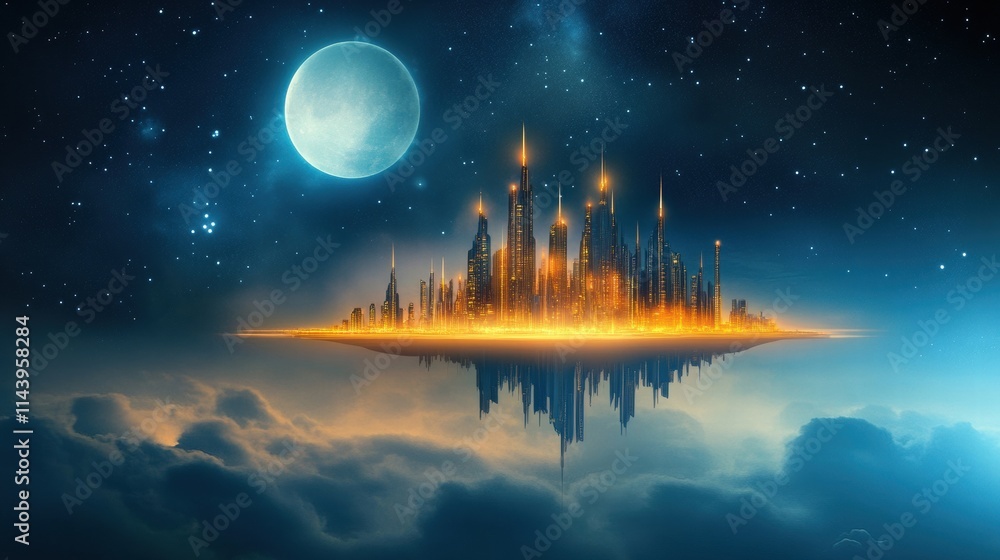 Ethereal Floating Cityscape in a Dreamy Night Sky with Glow, Stars, and a Large Moon Illuminating the Clouds Below in a Stunning Fantasy Landscape Ethereal Floating Cityscape in a Dreamy Night Sky with Glow, Stars, and a Large Moon Illuminating the Clouds Below in a Stunning Fantasy Landscape