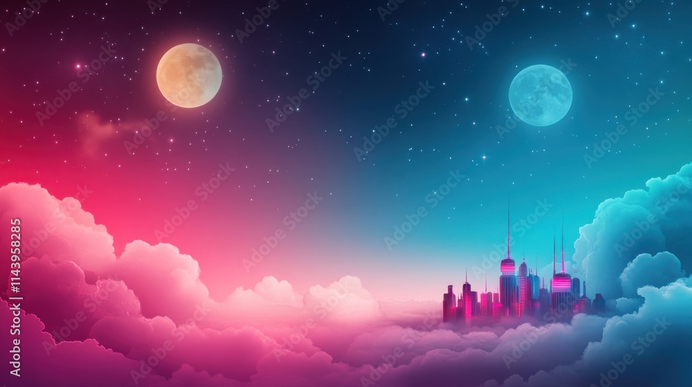 Enchanting Digital Landscape of a Dreamy City with Two Moons in a Starry Sky and Colorful Clouds, Perfect for Fantasy and Imagination Themes Enchanting Digital Landscape of a Dreamy City with Two Moons in a Starry Sky and Colorful Clouds, Perfect for Fantasy and Imagination Themes