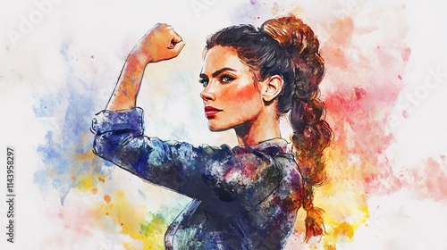 A determined young woman of Hispanic descent flexes her arm confidently against a vibrant watercolor backdrop.