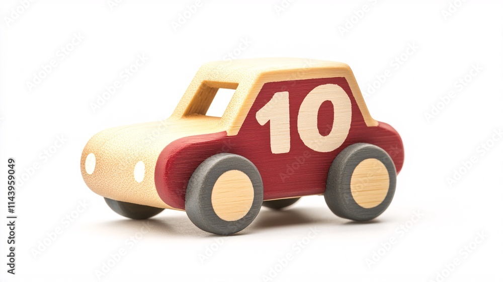 A colorful wooden toy car with the number 10, perfect for children�s playtime and early learning. A colorful wooden toy car with the number 10, perfect for children�s playtime and early learning.