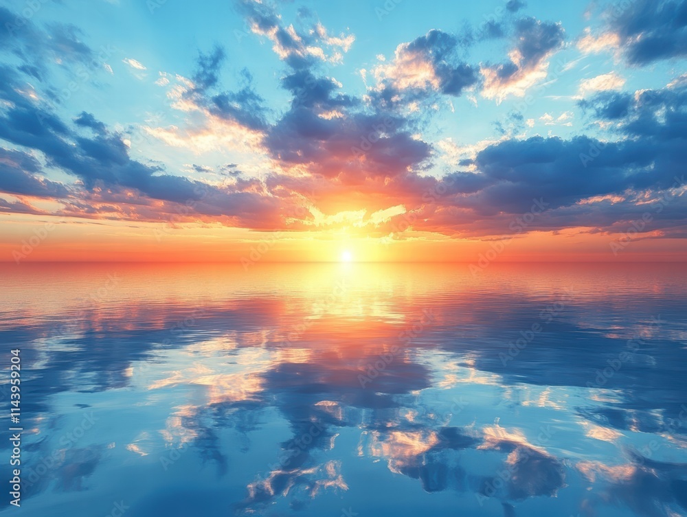 Obraz premium A peaceful sunset over a calm lake, with the reflection of the sky creating a perfect sense of stillness.