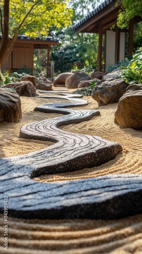 A peaceful zen garden with neatly arranged rocks and sand, evoking a sense of mindfulness and tranquility. photo