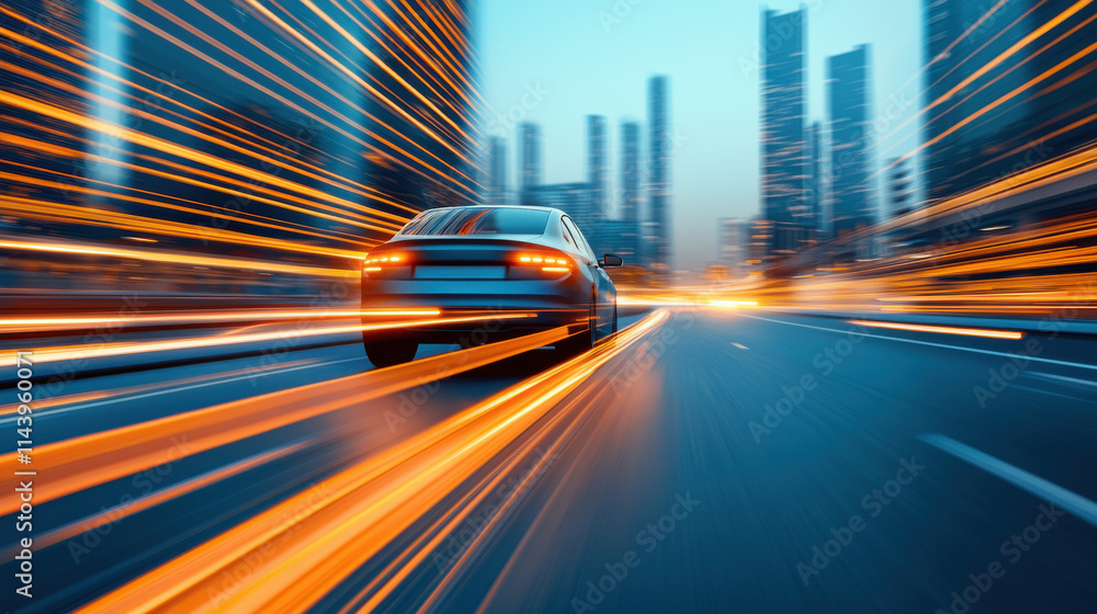 Fototapeta premium self driving car speeds through vibrant smart city, illuminated by dynamic lights and modern skyscrapers, showcasing future of urban transportation