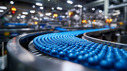 A conveyor belt is filled with blue balls