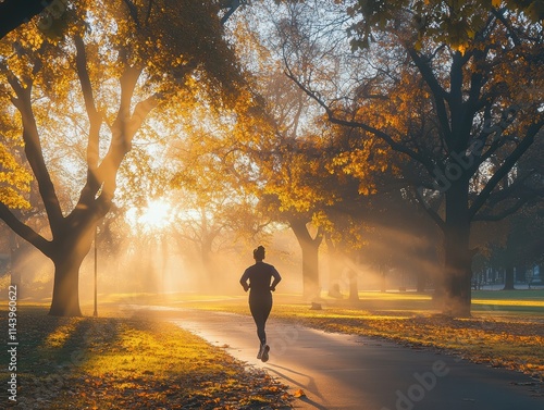 A person jogging through a park early in the morning, with the sun rising and a sense of vitality and energy.