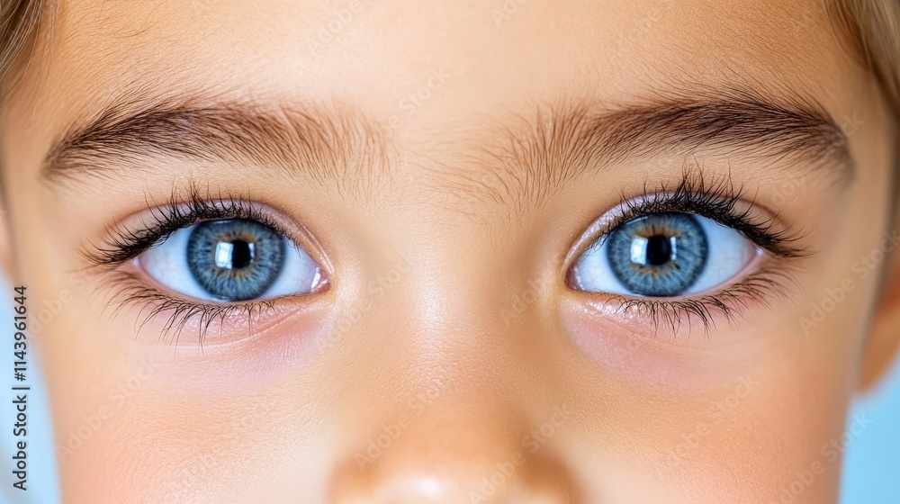 Fototapeta premium Captivating Baby Blue Eyes: A close-up revealing a pair of striking, bright blue eyes belonging to a young child. The image focuses on the captivating details of the irises and lashes.
