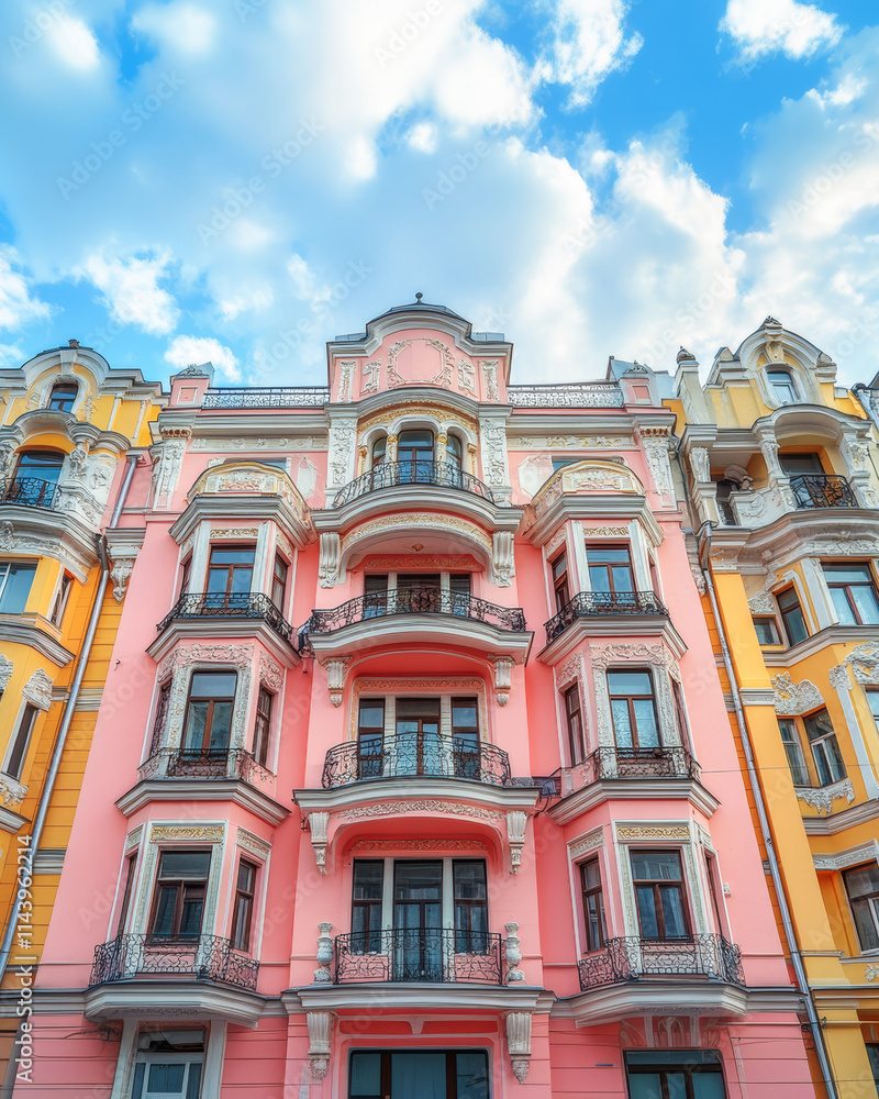 Fototapeta premium Pink and yellow apartment building with decorative balconies and ornate details stands tall against a cloudy blue sky