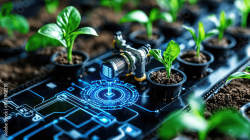 Smart farming landscape with advanced irrigation system and seedlings. image showcases technology integrated with agriculture, highlighting innovation in plant growth